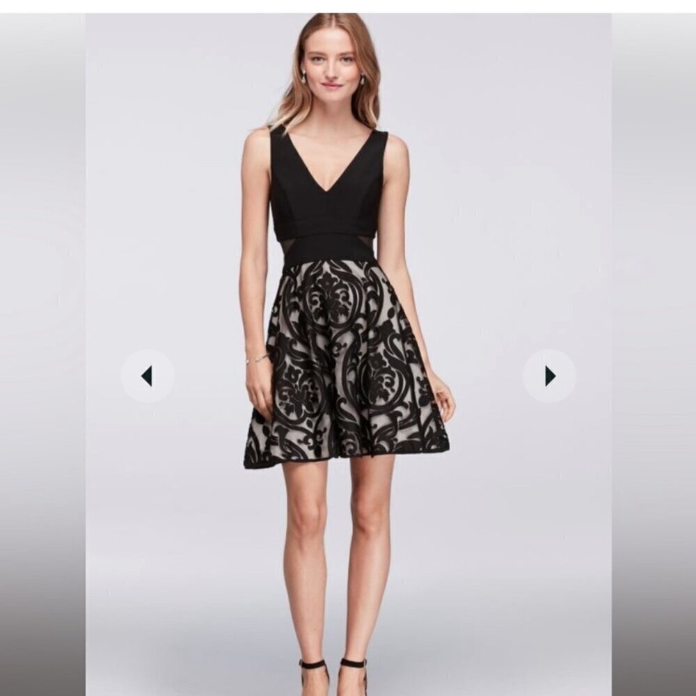 NWT X by Xscape Black Sleeveless Fit and Flare Scroll Motif Dress, Size 4